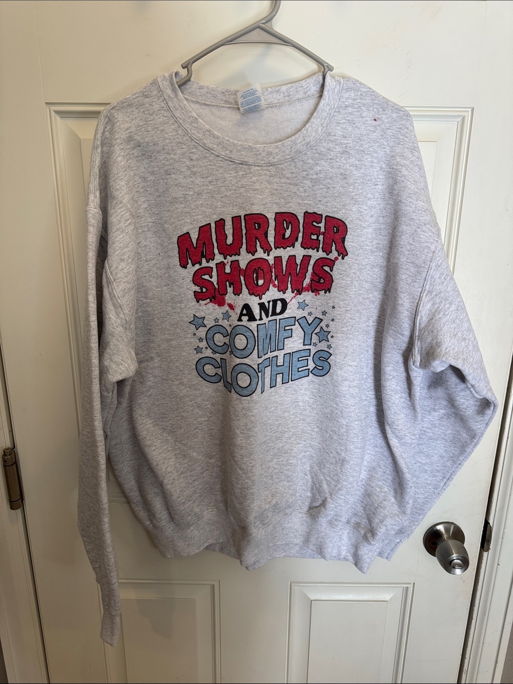 Port and Company Gray Crewneck Sweatshirt with Red and Blue Graphic